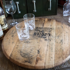 Lazy Susan Bourbon Barrel Head, whiskey barrel lid, Serving Tray, Makers Mark, gift for him, dad husband, Buffalo Trace, woodford zdjęcie 1