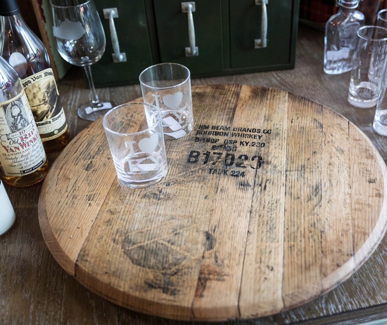 Lazy Susan Bourbon Barrel Head, whiskey barrel lid, Serving Tray, Makers Mark, gift for him, dad husband, Buffalo Trace, woodford zdjęcie 1