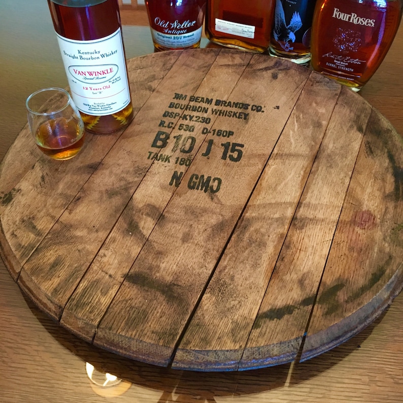 Lazy Susan Bourbon Barrel Head, whiskey barrel lid, Serving Tray, Makers Mark, gift for him, dad husband, Buffalo Trace, woodford zdjęcie 8