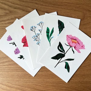 Lot de 5 cartes postales botaniques - Ensemble d'illustrations botaniques peintes à la main - Des fleurs pour les amateurs de cartes postales
