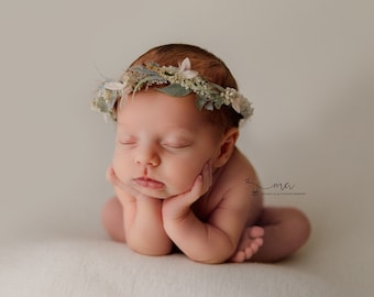 newborn headband tieback flower crown baby flower crown Skinny Nylon Headband baby photo prop ecru blush pink Baby flower headband