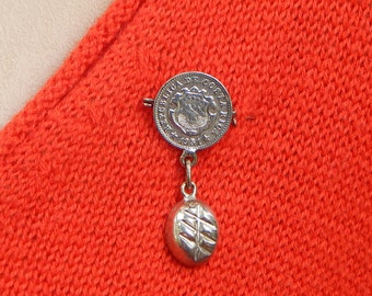 Vintage Costa Rica 1951 Cinco 5 Centimos Silver Coin & Coffee Bean Charm Drop Dangle Pin Brooch