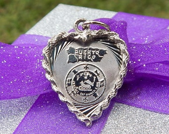 Vintage Puerto Rico Heart Great Seal of the Commonwealth Heraldic Coat of Arms Sterling Silver Charm Pendant by CREA – Me Encanta PR!