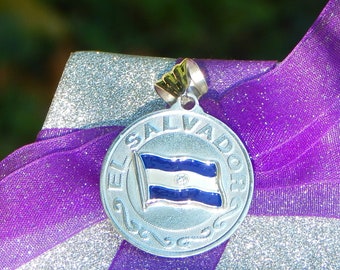 Vintage El Salvador Country Flag Bandera Magna Sterling Silver & Enamel Pendant Medallion – Blue, White, Blue