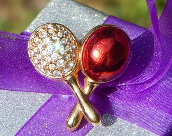 Vintage Swarovski Crystals Gold-Tone & Red Enamel Maracas Brooch - It Rattles!