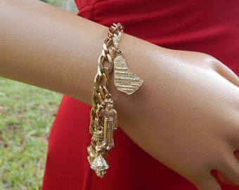 Vintage Barbados Bajan Gold-Tone Mid-Century Caribbean Travel Souvenir Keepsake Charm Bracelet with 7 Charms