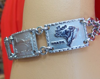 Vintage Brazil Travel Landmarks Silver-Tone Eloxal Panel Link Bracelet - Sao Paulo, Rio de Janeiro, Christ the Redeemer