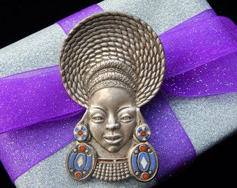 Vintage African Goddess Sterling Silver & Enamel Designer Brooch by Candida South Africa