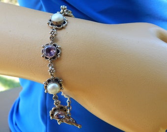 Vintage India Purple Amethyst & Mabe Pearl Link Sterling Silver Bracelet