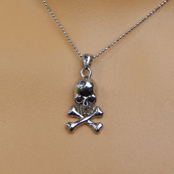 Vintage Skull & Crossbones Silver-Tone Pendant and Choker Necklace for Pirate, Biker Chick, Punk, Goth, Cosplay