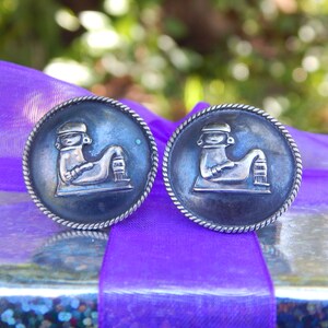 Pre-Loved Maya Chac Mool Rain Spirit Warrior of Temple Chichen Itza Mexican Sterling Silver & Enamel Cuff Links