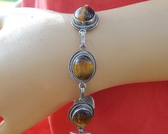 Vintage Ecuador Tiger’s Eye & Sterling Silver Link Bracelet