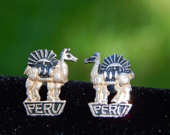 Vintage Peru South American Llamas Alpacas Silver Post Earrings