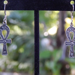 Pre-Loved Egyptian Ankh Cross With Hieroglyphs Oxidized Silver Drop Dangle Earrings