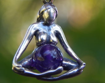 Vintage Amethyst & Sterling Silver Pregnant Mother to Be Fertility Goddess Designer Pendant - Sacred Universal Mother Amulet