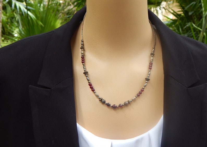 Vintage Romantic Deep Red & Antiqued Silver Color Beaded Necklace image 1