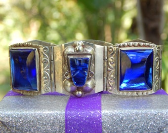 Vintage Mexico Cobalt Blue Glass Stones Sterling Silver Panel Bracelet
