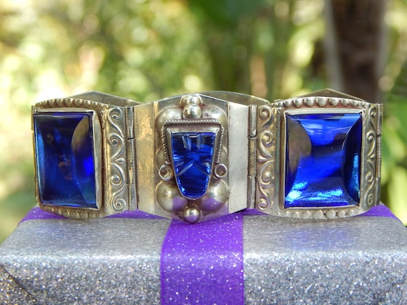 Vintage Mexico Cobalt Blue Glass Stones Sterling … - image 1