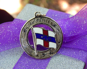 Vintage St. Maarten Dutch Caribbean Island Country Flag Sterling Silver & Enamel Open Circular Pendant Charm – BMCo