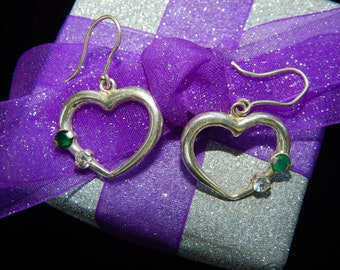 Vintage Brazil Romantic Open Heart Sterling Silver & Emerald Green and Clear Crystals Drop Dangle Earrings