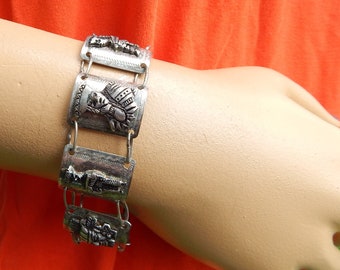 Vintage Ecuador Inca Traditional Storyteller Folklore Silver Panel Link Bracelet