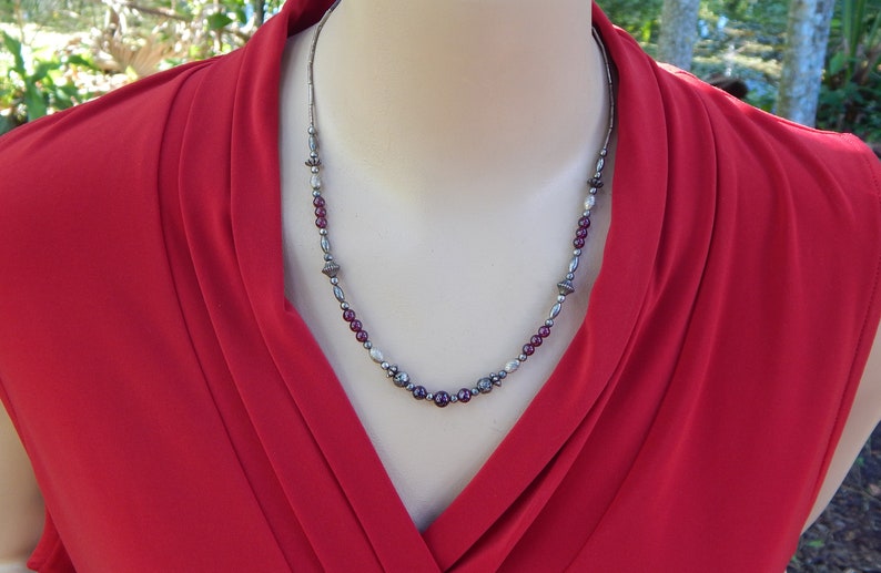 Vintage Romantic Deep Red & Antiqued Silver Color Beaded Necklace image 5