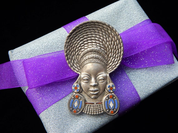 Vintage African Goddess Sterling Silver & Enamel … - image 1