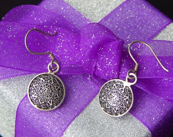 Vintage Mexico Aztec Calendar Sterling Silver Drop Dangle Earrings