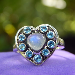 Pre-Loved Nicky Butler Moonstone & Sky Blue Topaz Designer Sterling Silver Heart Statement Ring – Size 10