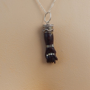 Pre-Loved Brazilian Silver & Wood Figa Clenched Fist Good Luck Reversible Pendant Amulet w/ 18-Inch Prince of Wales Sterling Silver Necklace