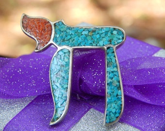 Vintage Hebrew Chai חי Symbol Turquoise, Coral & Sterling Silver Slider Large Pendant - Celebrate Life!