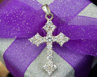 Vintage Clear Crystals & Sterling Silver Goth Gothic Wedding Style Cross Pendant