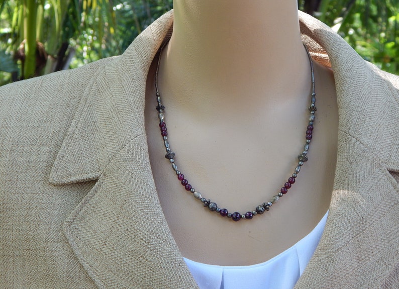 Vintage Romantic Deep Red & Antiqued Silver Color Beaded Necklace image 3