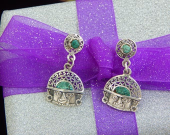 Vintage Peru Chrysocolla Stones & Silver Inca Tumi Faces Pierced Dangle Earrings