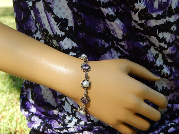 Vintage India Purple Amethyst & Mabe Pearl Link S… - image 3