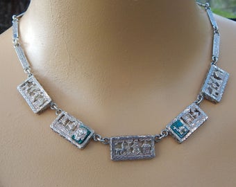 Vintage Peru Inca Chrysocolla & Sterling Silver 3-D Tumi Llama Andean Story Storyteller Panel Necklace