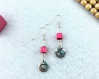 Pink Tower mini pink cube earrings with earth and heart charms, Montessori jewelry, Teacher and guide appreciation and end of year gift
