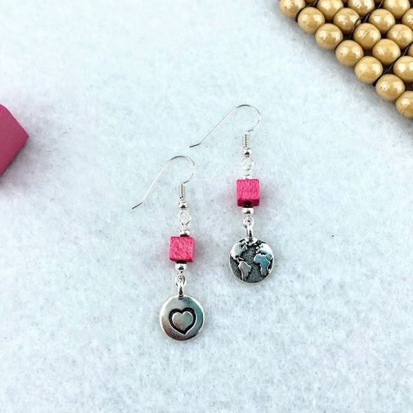 Pink Tower mini pink cube earrings with earth and heart charms, Montessori jewelry, Teacher and guide appreciation and end of year gift