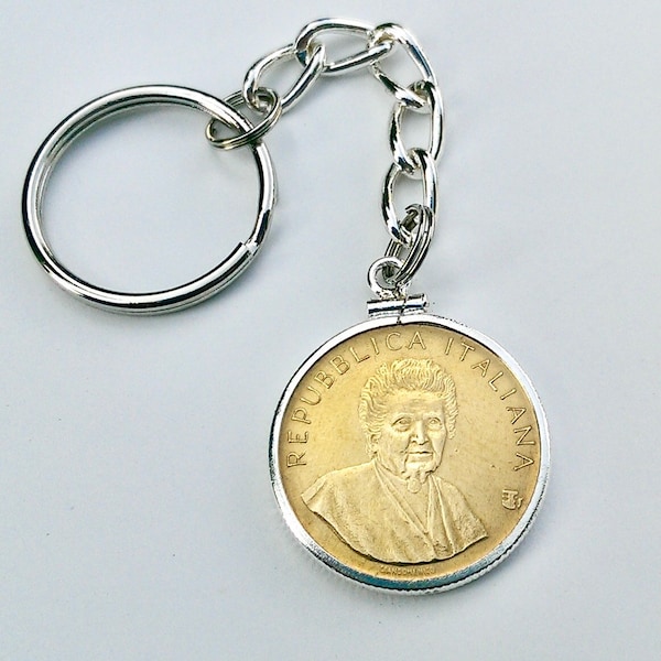 Maria Montessori 1980 Coin Key Chain with Sterling coin bezel, Montessori teacher gift, Montessori materials, uncirculated coin