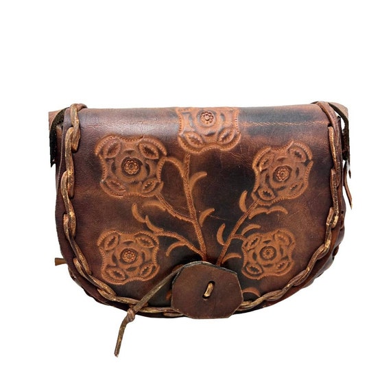 Vintage Flower Tooled Leather Shoulder Bag Gem