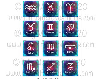 Zodiac Star Signs Printable Collage Sheet - 1 Inch Square Zodiac Symbol Designs On Art Background For Pendants Scrap Booking 6x4 inch print