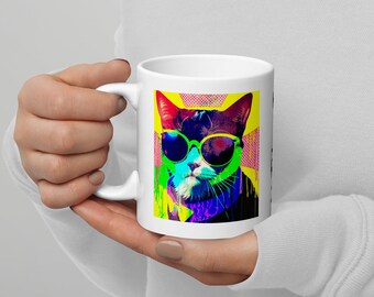 Arty Crafty Cat mug, Funky Pop Art Humorous Arty Cat Dripping With Paint, Arty Crafty Cat Mug