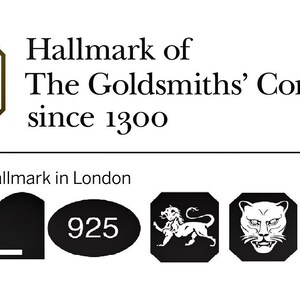 Peut inclure: Image d'une poin&ccedil;on avec le texte "Hallmark of The Goldsmiths' Company since 1300". Comprend le texte "Proud to Hallmark in London" et divers symboles, dont "DL" et "925".