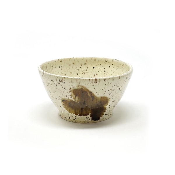 Small Handmade Ceramic Bowl Cream Brown Speckled Stoneware Drip Pattern Modern Dipping Sauce Cup Contemporary Clay Simple Unique Made in USA