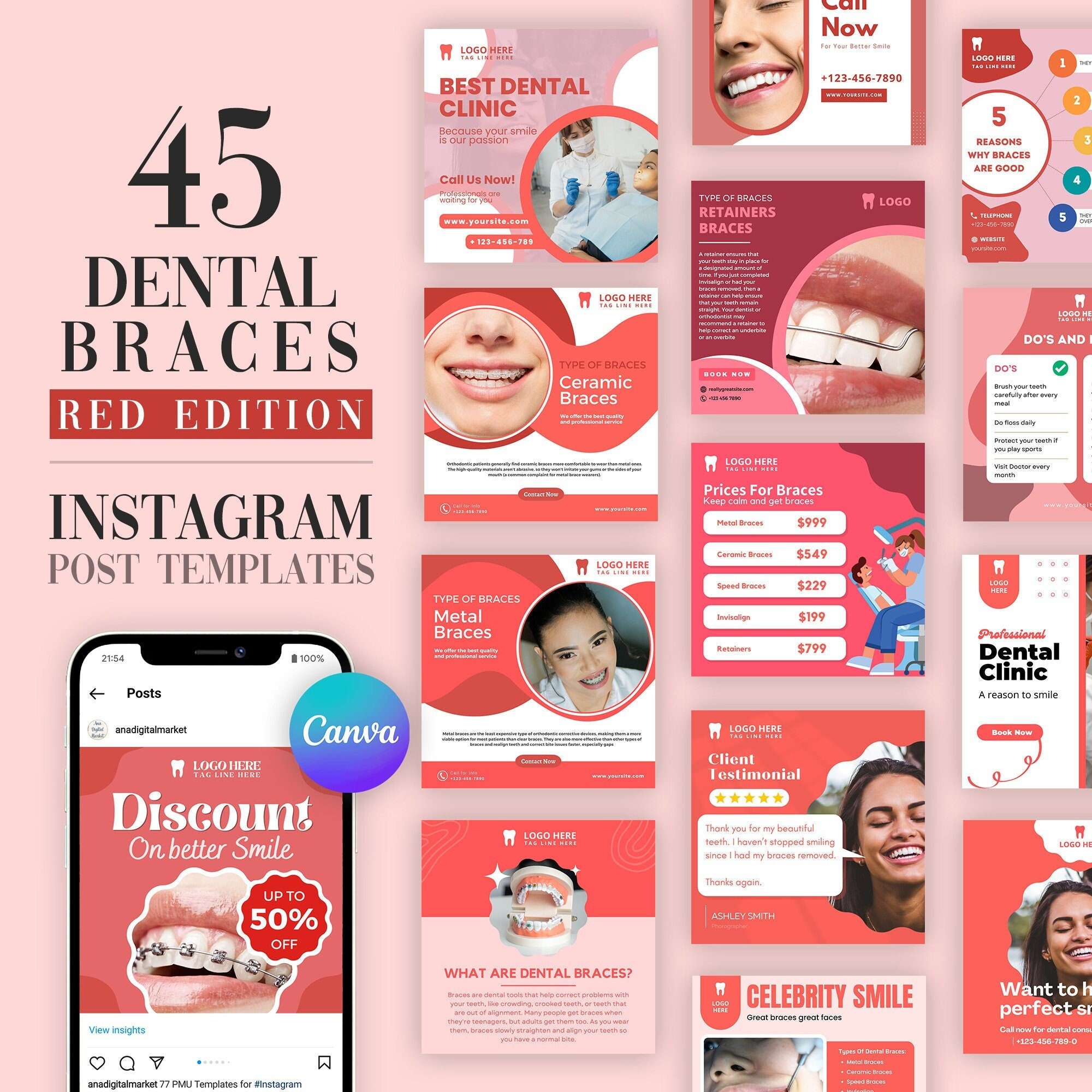 Braces Templates, Pink Instagram Post, Editable Template, Social Media
