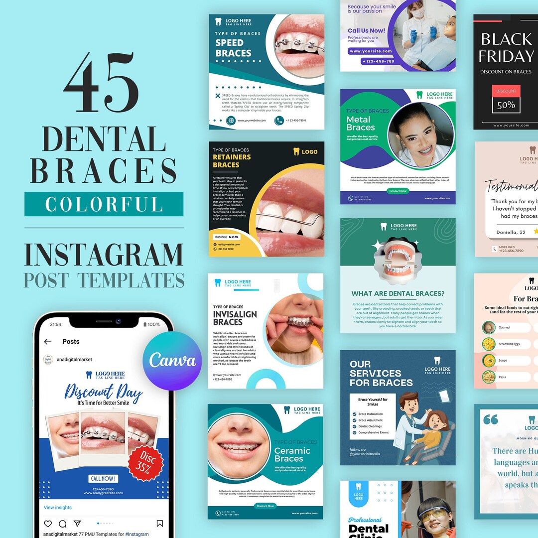 Dental Braces Templates, Instagram Post, Editable Template, Social