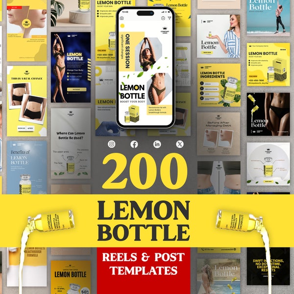 Lemon Bottle Reels and Post Template, Fat Dissolving, Bottle Lemon Social Media Posts, Instagram Reels, LemonBottle Reels, IG Template