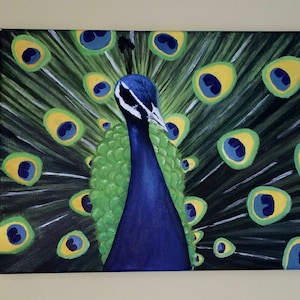 Realistic and Colorful Peacock - Art Print of an original Acrylic Painting on 9&quot;x12&quot; stretched canvas