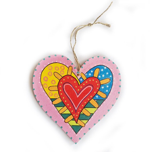 Corazón de madera único, amor pintado a mano 12 cm
