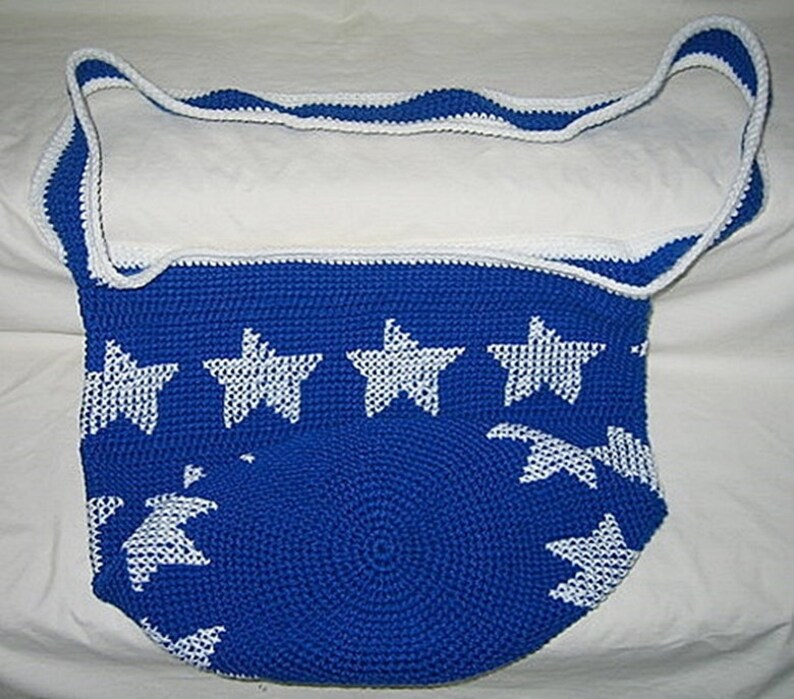 Handmade Crochet Royal Blue Beach Bag wWhite Stars